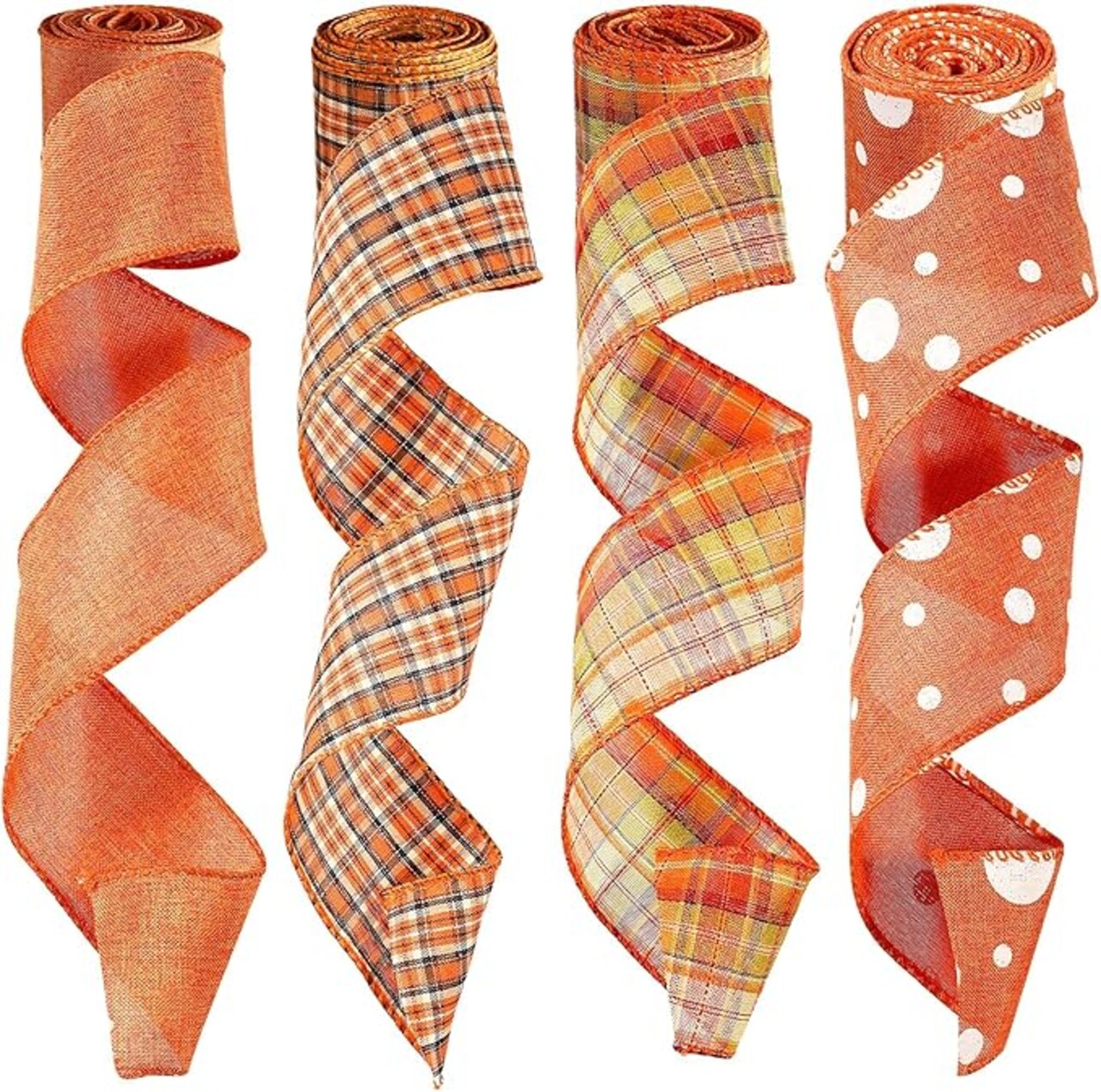 4 rolls of Fall Plaid Burlap Ribbon Thanksgiving Wired Edge Ribbon Wrapping Burlap Ribbon with Harvest Theme for Present Wrapping Fall Thanksgiving Home Decoration (2.48" wide)